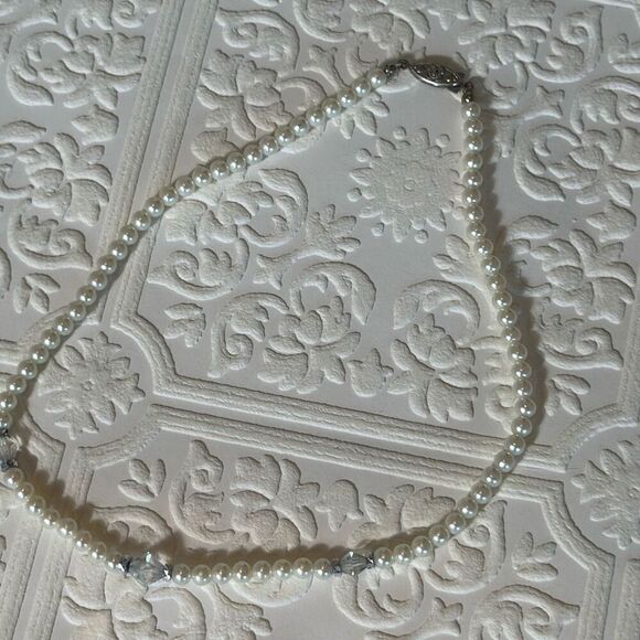 Vintage Art Deco Glass Pearl Choker Necklace With Faceted Clear Crystals 15” - Picture 6 of 15